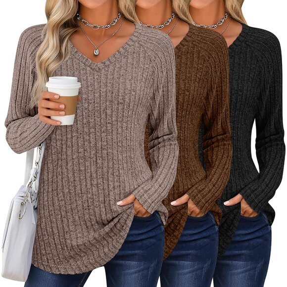 Tops - 3 Pack Womens Long Sleeve V Neck Tunic Tops Lightweight Casual Fall Clothes